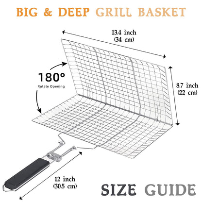 BBQ Fish Grill Basket with Basting Brush – 20.5"x13.5" Lockable Nonstick Grilling Basket with Beech Wood Handle, Chrome-Plated Carbon Steel Mesh for Fish, Meat, Vegetables