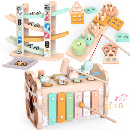 Weilim Montessori Toys for 1 Year Old, Wooden Car Ramp & Hammering Pounding Xylophone Toy for Toddlers 1-3, Shape Sorter Stacking Blocks, Educational Fine Motor Activity Toys Gift for Baby Boy Girl