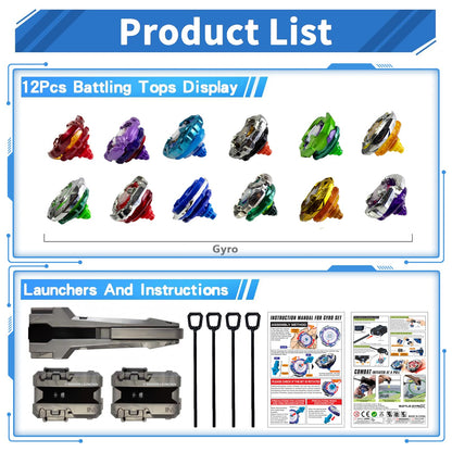 Battle Spinning Top Set with 12 Colorful Tops, Launchers and Accessories, Combat Game Collection