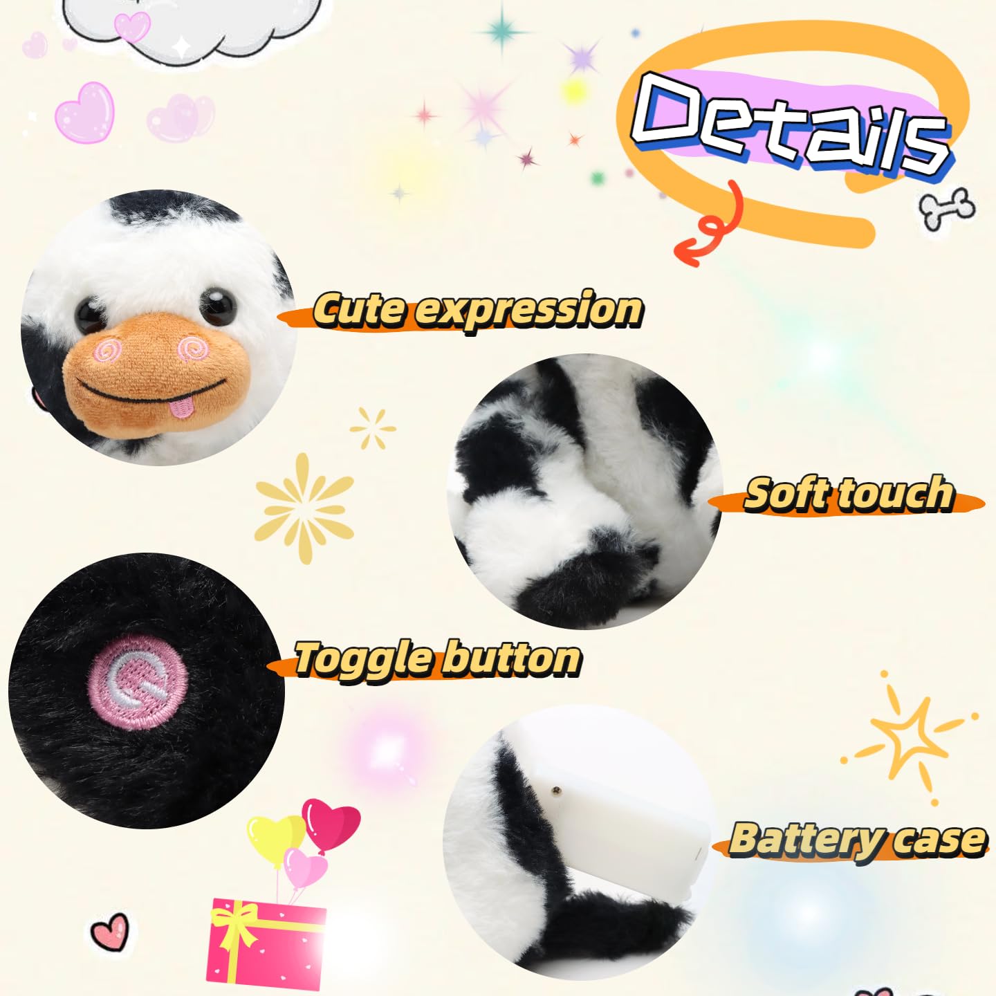 unsnurnoch 9.8" Glowing Cow Plush Toy, Soft Light-Up Black Cow Stuffed Animal for Kids, Night Light Comfort Toy for Sleeping, Birthday for Boys and Girls