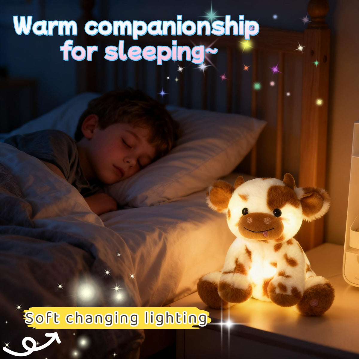 unsnurnoch 9.8" Light-Up Plush Cow Toy, Soft Brown & White Glowing Cow Stuffed Animal, Night Companion for Kids, Cute Bedroom Decor, Birthday for Boys Girls Friends