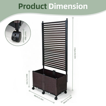 BorealBear Privacy Screen with Resin Wicker Planter Box, 67" Slatted Steel Raised Garden Bed with Trellis, Lockable Wheels, Outdoor Climbing Plants, Patio, Balcony and Yard