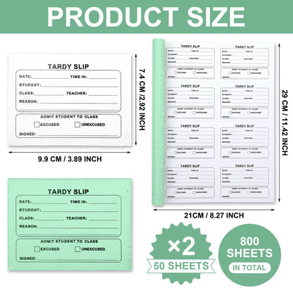 Engrowtic 800 Pcs Tardy Slip Book with Carbonless Duplicates 3.5 x 4.3 Inch Tardy Slips Per Book Form Register Copy Notebook for Student Late Arrivals Easy Removal Fold and Tear(Green and White)