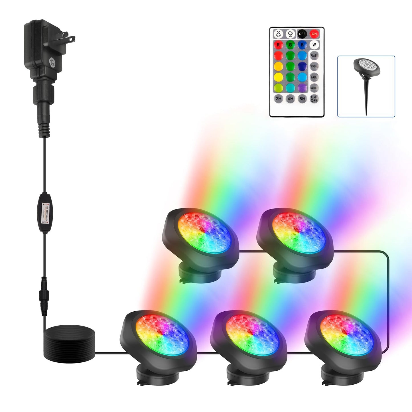 CREPOW RGB Pond Lights with Timer,18 LED Underwater Submersible Fountain Lights,Remote Control IP68 Waterproof Color Changing Spotlights for Fish Aquarium Tank Yard Garden Pool (Set of 5)
