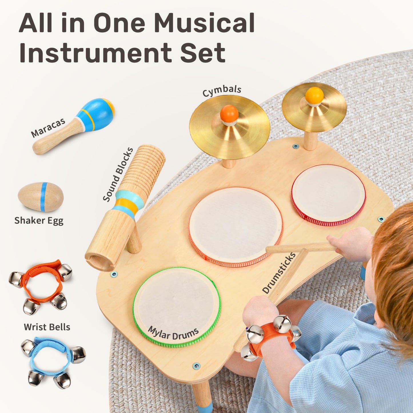 WINGYZ 11-in-1 Toddler Drum Set-Wooden Baby Musical Instruments & Montessori Musical Toys for Toddlers 1-3, Music Table with Bongo Drums, Cymbals, Maracas & Wrist Bells for Early Rhythm Play