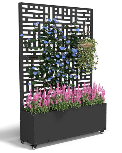 FOLAWO Metal Planter Box with Trellis,70.9"x47.2"x15.7" Raised Garden Bed with Drainage Holes, Privacy Planters for Outdoor Garden Bed for Climbing Plants,Vegetables,and Vines,Black-Modular