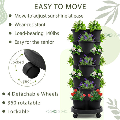 Umigy 2 Set Black 7 Tier Stackable Vertical Planters with Removable Wheels and Tools Tower Planters Strawberry Herb Flower Vegetable Pots Indoor Outdoor Gardening Pots