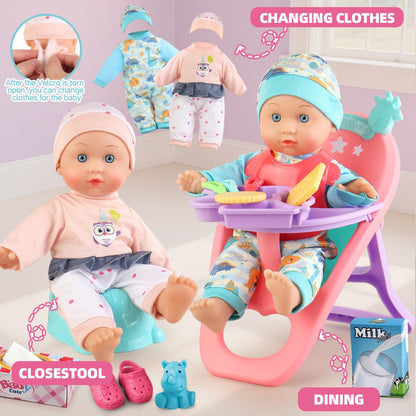 YIYBM Baby Doll Stroller Play Set with 12.5" Baby Doll,Dining Chair, 2 Sets Clothes and 20 PCS Doll Accessories. Stroller Toy for 3, 4, 5, 6 Year Old Toddler Girls for Realistic Pretend Play.