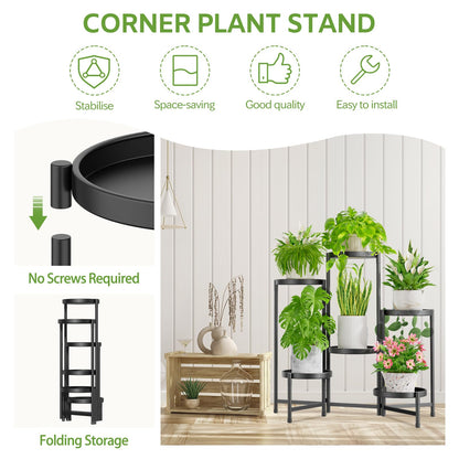 iDavosic.ly 6 Tier Large Plant Stand Indoor with 10 Inch Wide Tray, Tiered Corner Metal Outdoor Flower Display Holder Shelf, Folding Tall Rack for Patio Porch Living Room, Modern Black