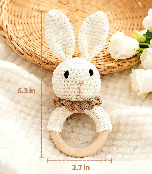 Baby Rattle Toys, Handcrafted Crochet Bunny Rattles with Wooden Teething Ring, Organic Newborn Toy Crochet Stuffed Animal Rattle Baby Announcement Ideas, Beige