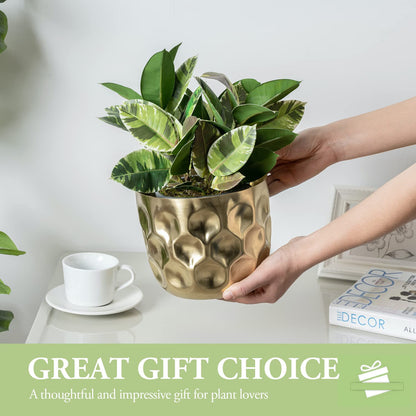 MyGift 7 Inch Deluxe Modern Hammered Brass Tone Metal Flower Planter Pot with Decorative Riser, Plant Pot with Display Stand Décor - Handcrafted in India