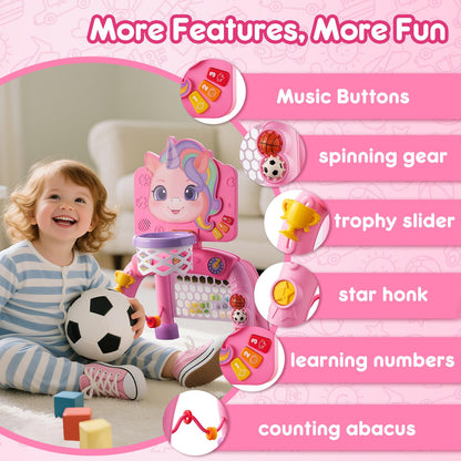 JMMICO Toddler Basketball Hoop & Soccer Goal Activity Center, Interactive Toys with Light Music,Unicorn Toddlers Musical Toys Gift, Baby Birthday Easter Gifts Gift for 1 2 3 Year Old Boys Girls