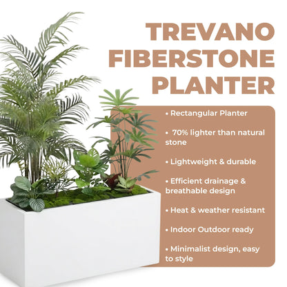 DEPLA LANE Trevano Fiberstone Rectangular Planter (26" L x 9.8" W x 15.7" H) Smooth Finish, Removable Inner Pots, Lightweight, Durable, UV Resistant, Minimalist Indoor Outdoor Plant Pot (M, White)