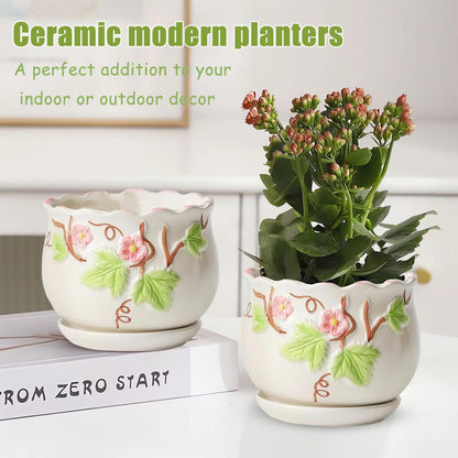 XIRYAER 3 Piece Ceramic Plant Pots with Drainage Hole and Saucer,6.7/5.1/3.9inch,Modern Decorative Planters for Indoor Plants,Round Flower Pot for Succulents,Herb Snake Plants(White)