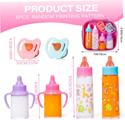 fash n kolor® My Sweet Baby Disappearing Doll Feeding Set, Baby Care 6 Piece Doll Feeding Set - for Toy Stroller | 2 Milk & Juice Bottles with 2 Toy Pacifier for Baby Dolls Set - Kids Gift Set
