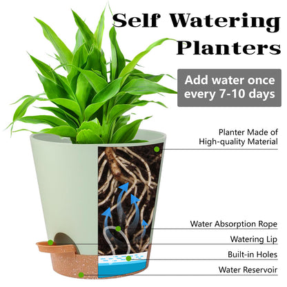 SE SUN-E Self Watering Planters for Outdoor Plants 7/6.5/6/5.5/5Inch 5Pack Flower Pot for House Plants Green Indoor Plastic Pots Plant Pots Succulent Pots with Drainage Hole and Deep Reservoir