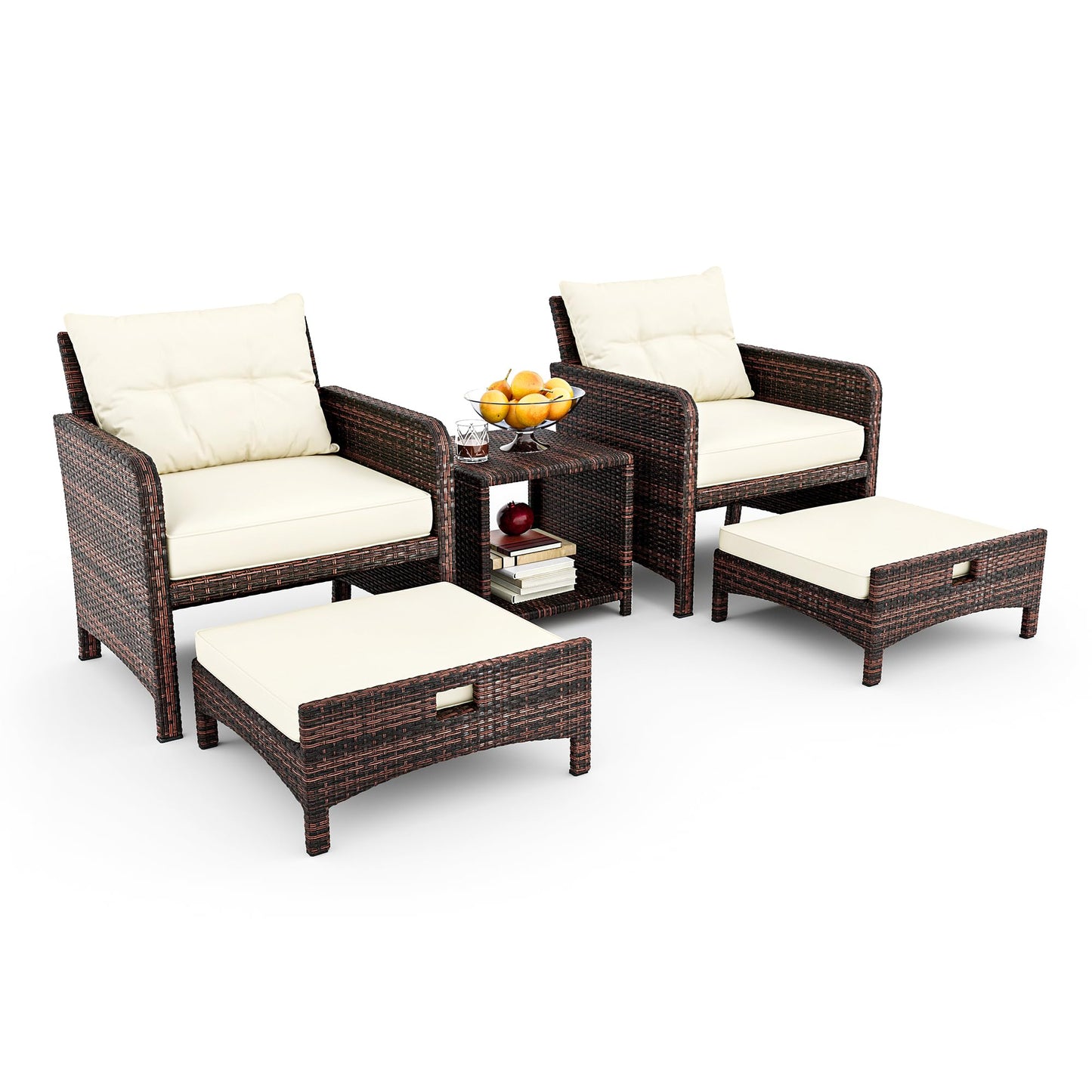 PATIOPIA 5 Piece Patio Furniture Set, All-Weather Patio Furniture with Soft Cushions, PE Wicker Patio Sofa Set with Coffee Table and Ottoman, for Outdoor, Porch, and Balcony (Beige-Brown)