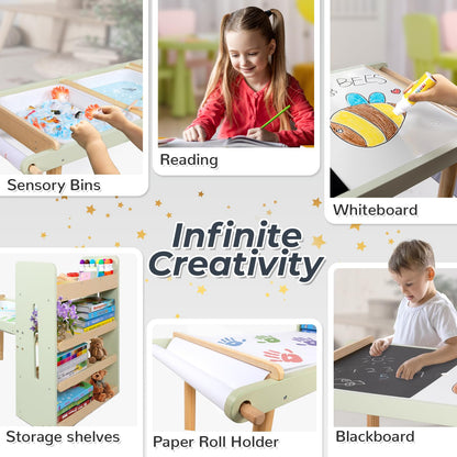LOL-FUN Kids Sensory Art Table and Chairs Set with Storage Bins & Shelves, Toddlers Activity Table for Ages 3-8 Preschool Sand and Water Play, Drawing Desk with Blackboard Whiteboard