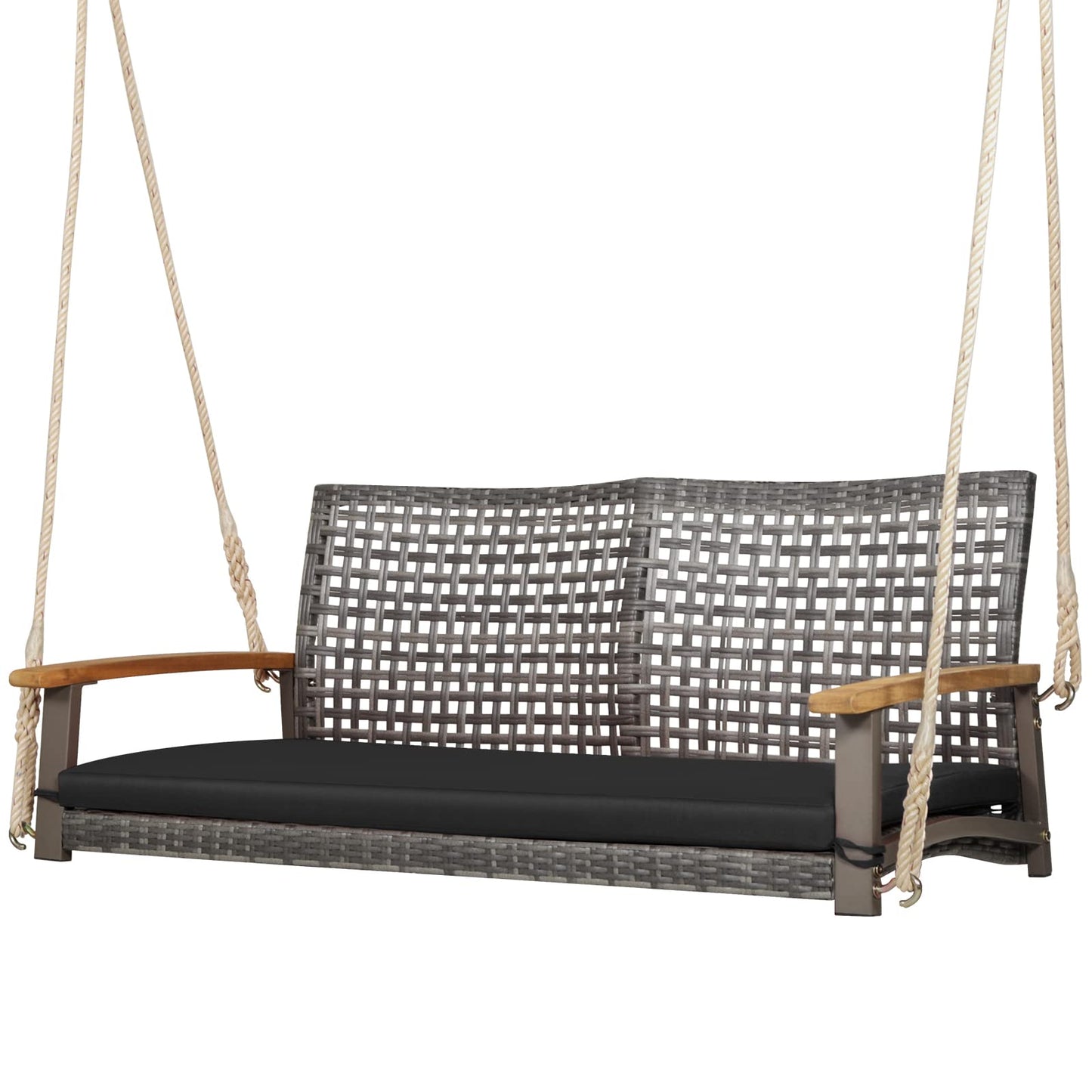 Tangkula 2-Person Outdoor Porch Swing with 118" Hanging Ropes, Patiojoy PE Wicker Patio Hanging Swing Bench with Soft Seat Cushion & 800 Lbs Weight Capacity, Suitable for Patio, Garden (Black)