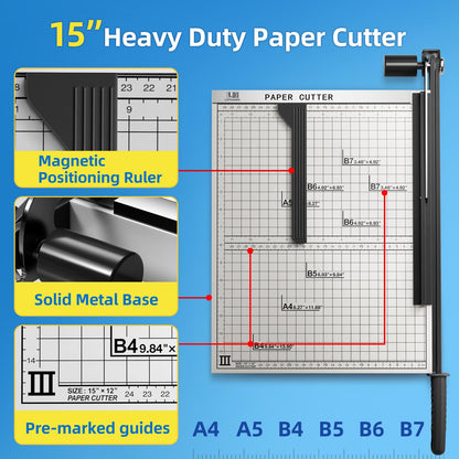 15 inch Guillotine Paper Cutter, LOTHANEK Heavy Duty Metal Base Cutting Machine B4 Paper Trimmer with Guide Ruler, Cutting 15 Sheets for Commercial Home Office