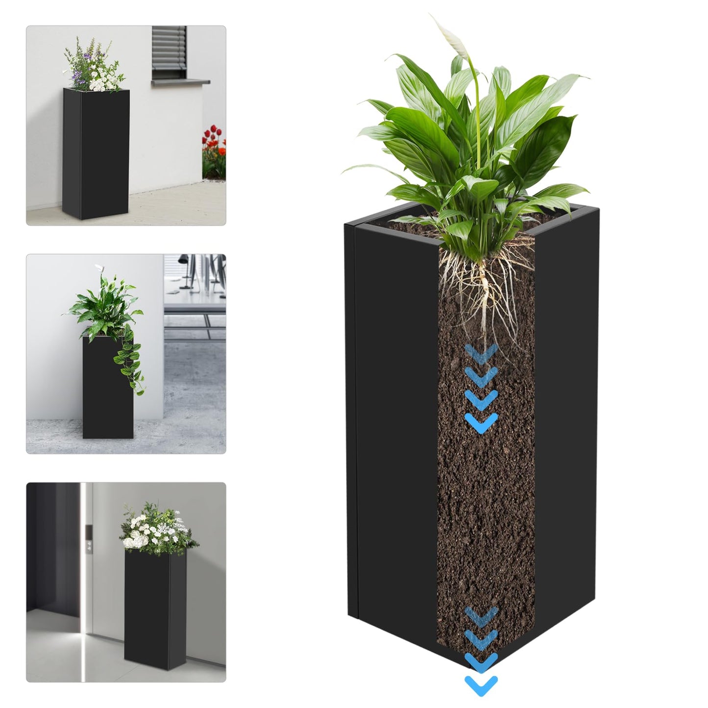 REBaiYU Rectangular Steel Planter Box with Removable Insert Shelf & Drainage Holes - 12/24 Inch Modern Planters for Indoor & Outdoor Use,Modern Flower Pot for Patio, Garden, Deck (30x12x12in)