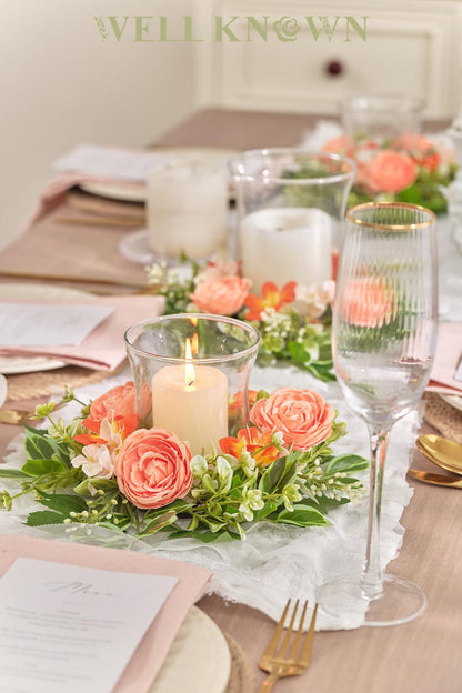 WELL KNOWN 2 Pcs Mini Spring Floral Candle Rings Wreaths for Pillars Home Table Window Decor, 9 Inches Artificial Flower Cabinet Wreath for Kitchen Farmhouse Wedding Party (Peach Ranunculutus)
