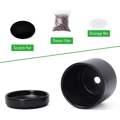 D'vine Dev Set of 4 Small Ceramic Plant Pots, 3.5 Inch Succulent Planter Pot for Plants with Drainage Hole and Saucer, Black, 94-X-A-2
