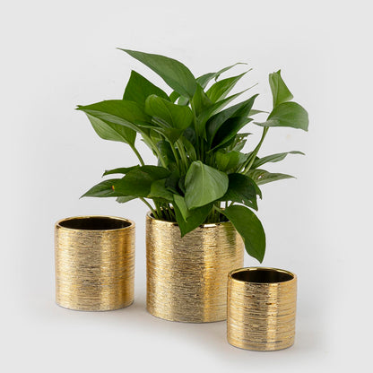 ROMANDECO CRAFT Indoor Plant Pot Flower Holder Ceramic Houseplant Pots Gold Shinny (Opening Size 4.1+3.5+2.6 inch) with Hole (Not Contain Plant)