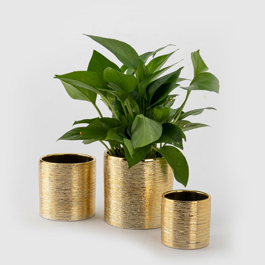 ROMANDECO CRAFT Indoor Plant Pot Flower Holder Ceramic Houseplant Pots Gold Shinny (Opening Size 4.1+3.5+2.6 inch) with Hole (Not Contain Plant)