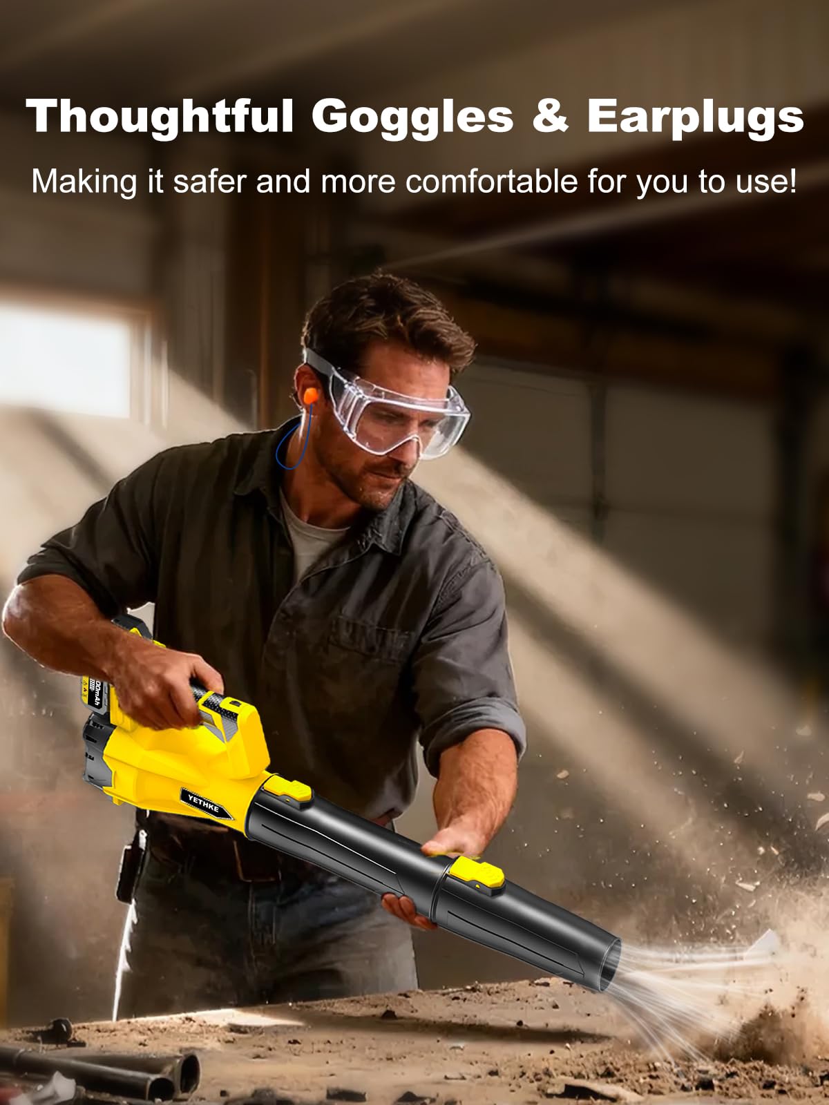 Leaf Blower Cordless, 21V Powerful Electric Blower with 2*4.0Ah Batteries & 1*Fast Charger, 6 Speed Modes, Handheld Lightweight Leaf Blowers for Lawn/Patio/Dust/Leaves, Gift Goggles & Earplugs-Yellow