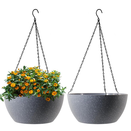 WSMKSZ 13 inch Large Hanging Planters Plant Pots for Outdoor Indoor Plants with Drainage Holes and Chain, 2 Pack Round Hanging Flower Pots for Garden Home Porch Decor, Speckled Grey