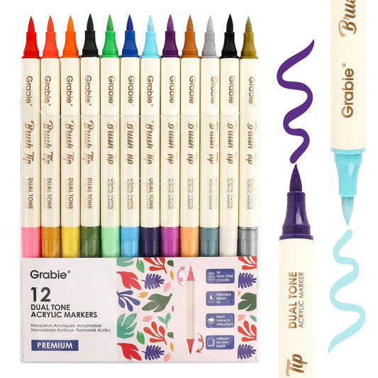 Grabie 24 Colors Paint Markers, Acrylic Paint Pens with 12 Dual-Color Brush Tips, Dual Tone Acrylic Markers for Rocks, Acrylic Paint Markers for Art Supplies (24 Colors)