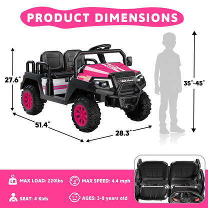 Electric Car for Kids, 24V 4 Seater Ride on Toys w/Parent Remote, 4 Wheeler Suspension, Max 220lbs Weight Capacity, USB, Music, Radio, LED Light, Ride on Truck for Boy/Girl Ages 3-8, Pink
