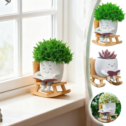Rocking Chair Smily Face Planter with Drainage Hole, Small Plants Resin Succulent Planter Indoor Outdoor Decor for Desk Balcony Garden (White B)