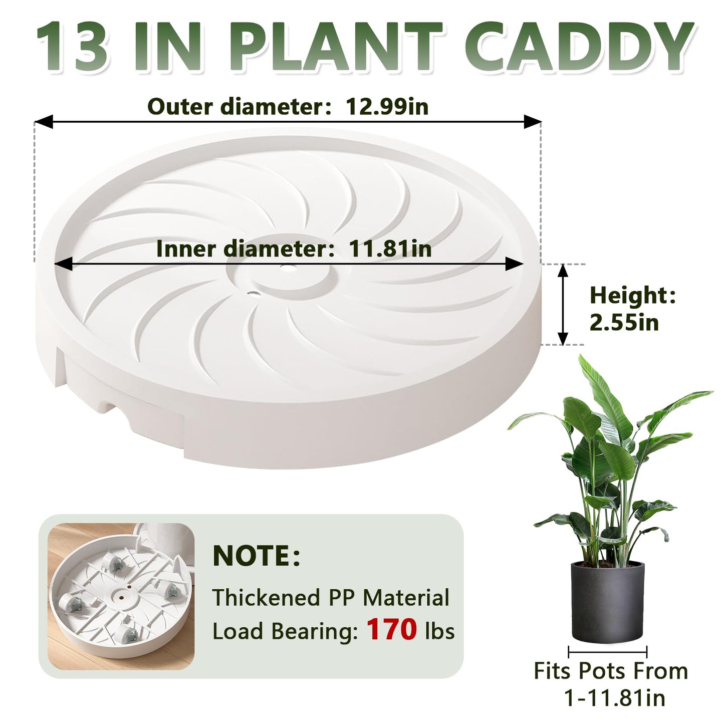 MCleanPin 2 Pack Plant Caddy with Hidden Wheels, 13" Heavy Duty Rolling Plant Stand with Removable Drainage Tray and Silent Casters Round Flower Pot Mover Planter Dolly for Indoor Outdoor Black