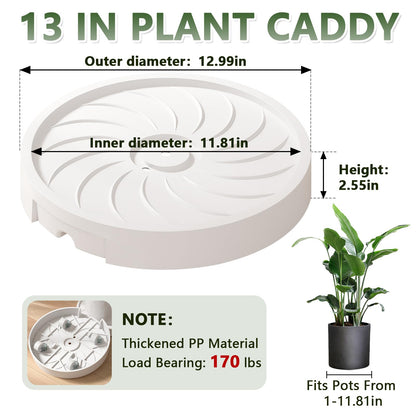 MCleanPin 2 Pack Plant Caddy with Hidden Wheels, 13" Heavy Duty Rolling Plant Stand with Removable Drainage Tray and Silent Casters Round Flower Pot Mover Planter Dolly for Indoor Outdoor White