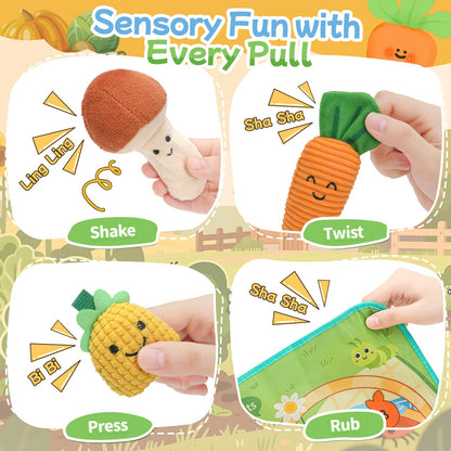 Mini Tudou Baby Toys 6-12 Months-Fruits Veggies Farm Stuffed Toys 15PCS-Sensory Educational Toy Mushroom Carrot with Rattle Squeaker Crinkle Texture Color Shape Number Matching Gifts