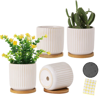 BABALIU 4 Inch Ceramic Plant Pots with Drainage Holes and Trays, Cylinder Vertical Stripes Small Flower Planter Pot with Bamboo Saucers for Indoor Plants, Succulent, Snake Plants, Cactus, Set of 4