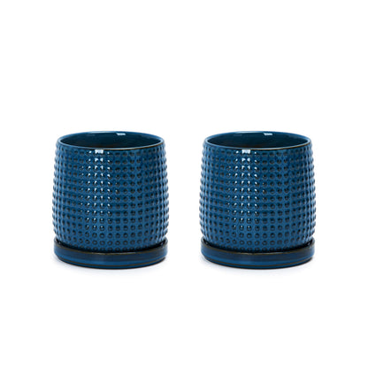 D'vine Dev Set of 2 Ceramic Plants Pots, 4 Inch Beaded Stoneware Flower Pot for Plants with Drainage Hole and Saucer, Midnight Blue, 27-E-Z-3