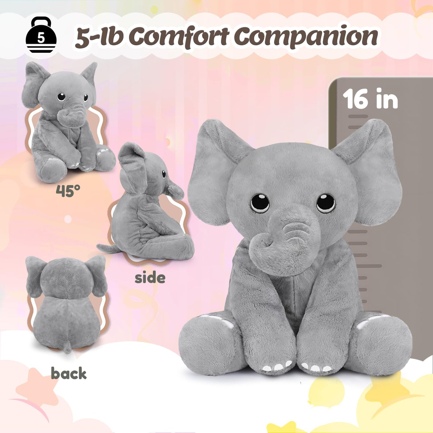 BRICHOEE 5lbs Weighted Stuffed Animals, Elephant Plush Sensory Weighted Elephant Stuffed Animals, Cute Plush Toy Calming Plushie Pillow Birthday Gifts for Adults Baby Kids Boys Girls