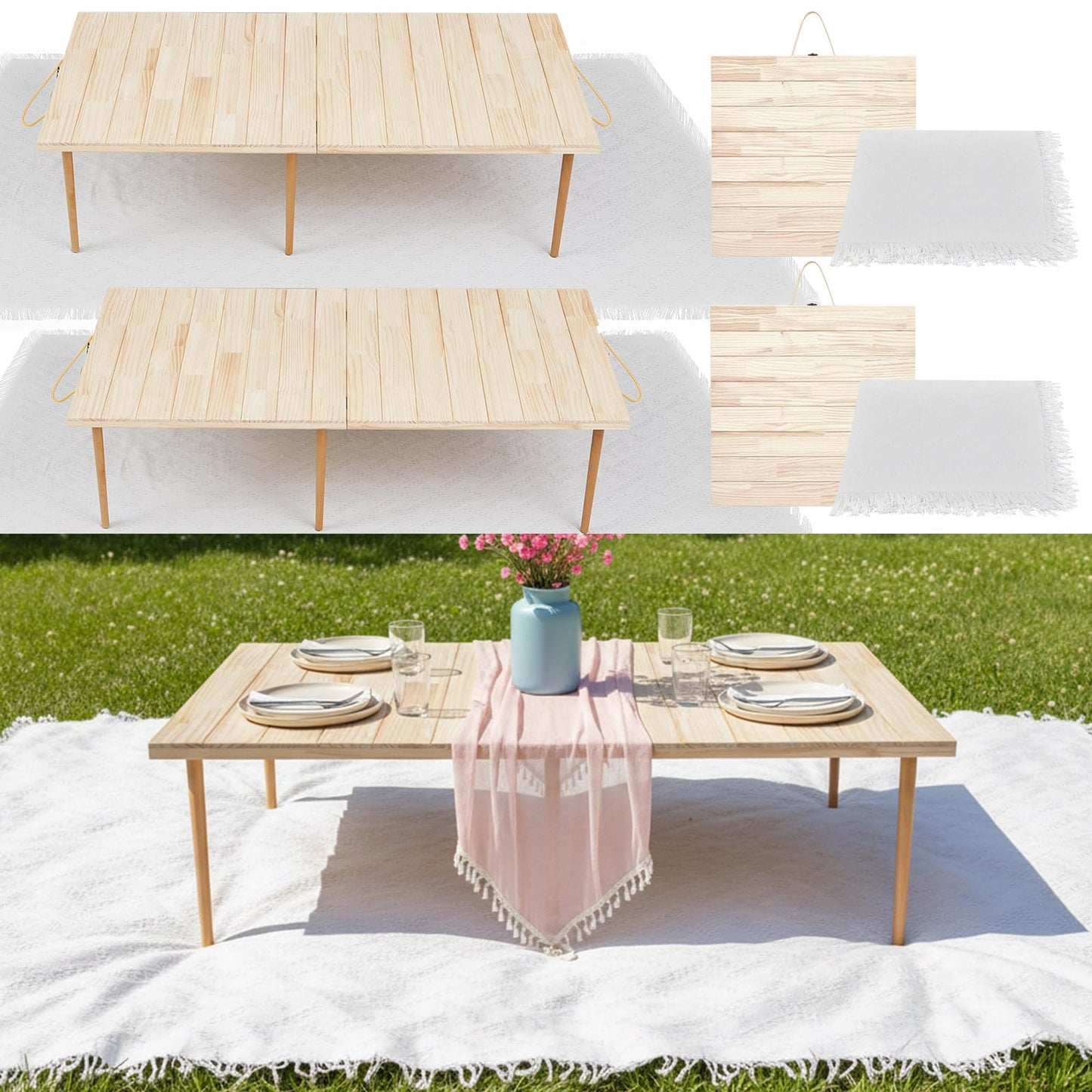 Hahafelt 2 Set Low Picnic Table, Foldable Boho Picnic Table with Extra Large Outdoor Camping Blanket Portable Boho Wood BBQ Tables for Camping Wedding Beach BBQ Party (44.1''x22.1''x12.9'',Wood Color)
