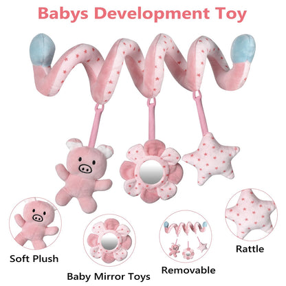 SAMMAS Car Seat Toys, Infant Baby Pink Pig Spiral Activity Hanging Toys Stroller Toys for Car Seat Stroller Bar Crib Bassinet Mobile with Mirror BB Squeaker and Rattles