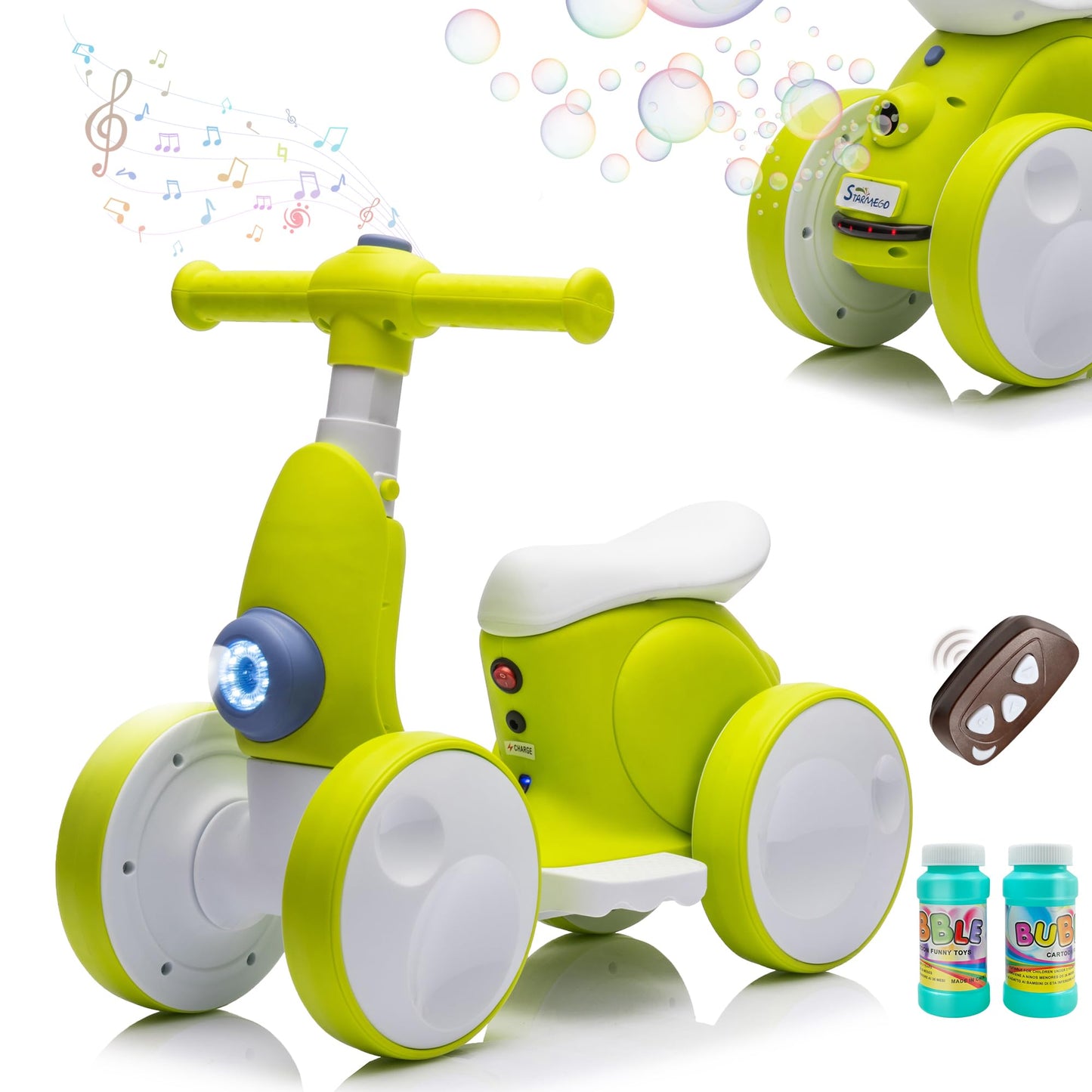 JoyRydz 6V Electric Baby Balance Bike with Bubble Machine,4 in 1 Toddler Balance Bike w/Remote Control for 1 Year Old Boys Girls Kids Bubble Bike Ride on Toys w/Powered Motor,Music,LED Lights (Cyan)