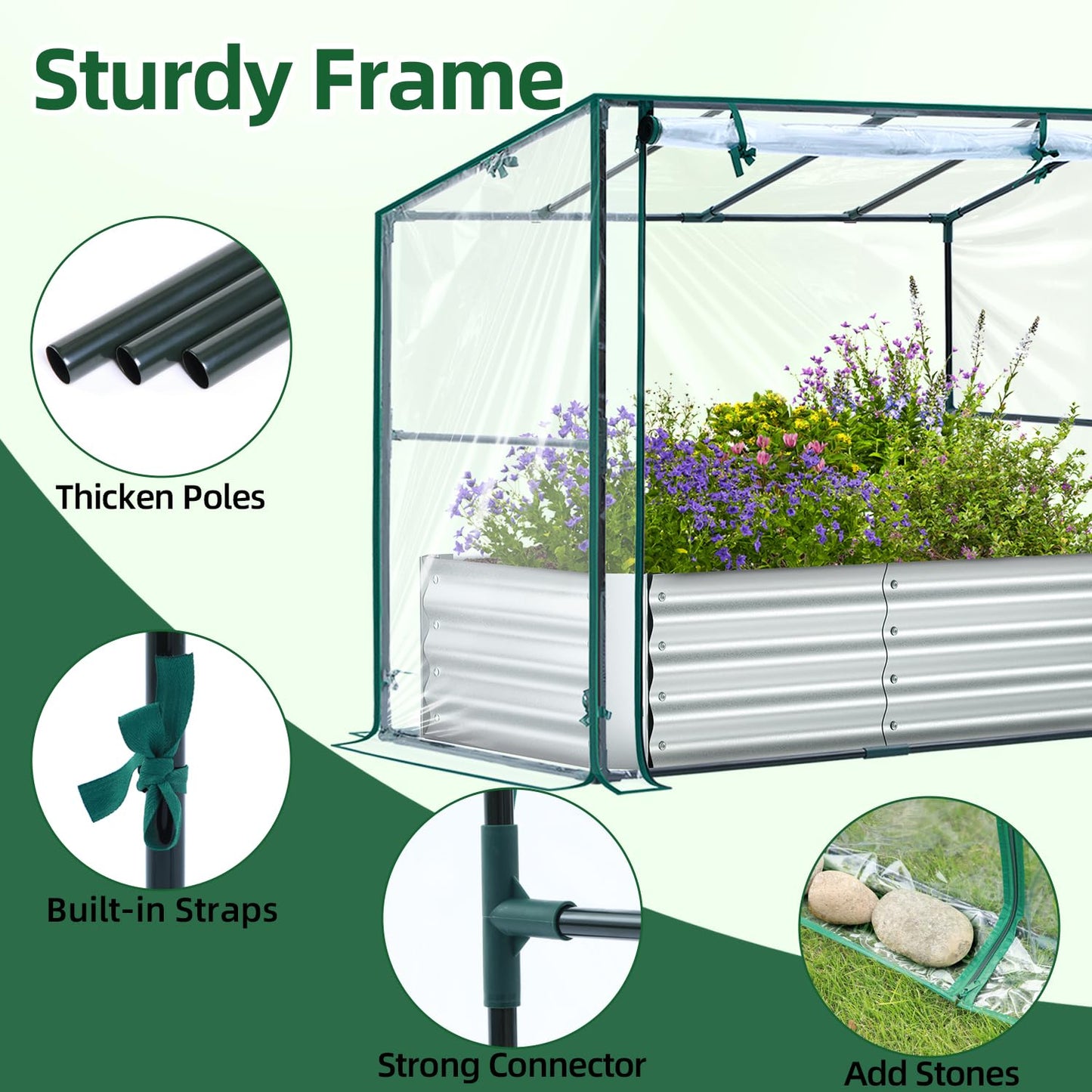 Ohuhu Raised Garden Bed with Cover Outdoor, 4x2x1 FT Galvanized Metal Planter Box with PVC Greenhouse Cover, Protects Plants from Frost Birds Insects, 3-in-1 Gardening Set for Vegetable Flower Herb