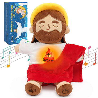 Yelakey Soothing Jesus Plush Toys with Light & Sound, 15" Jesus Stuffed Breathing Plushy Doll, Christian Catholic Religious Plushie Christmas Easter Gifts for Kids Baby (Brown)