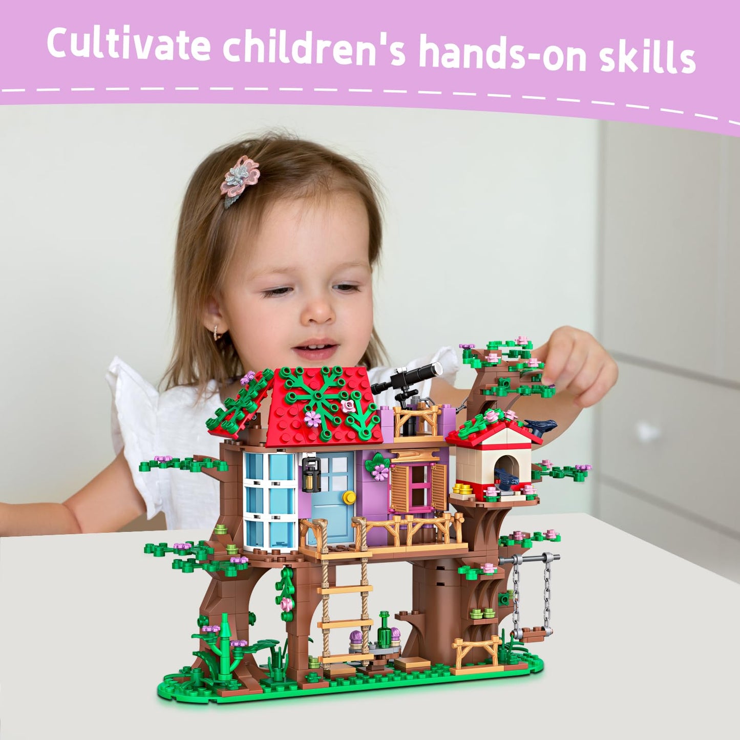 Myth Qholve Bird Tree House Building Block Set Creative Forest Playhouse Toy with Swing Ladder and Bird Nest Nature Adventure Kit for Nature Loving Kids Teens