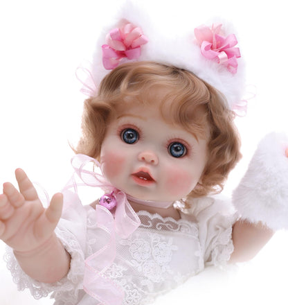 Cloveray Baby Doll, 18 Inch Realistic Reborn Toddler Real Life Baby Dolls with White Lace Dress, Magnetic Cat Nose, Fluffy Paw Mitten & Tail, Premium Collectible Gift for 3+ Year Old Girls