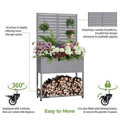 Metal Planter Box with Trellis, 3 in 1 Raised Garden Bed with Trelli & Firewood Rack, Privacy Planter Screen for Climbing Plants, Vine, Outdoor Garden Standing Beds with Drainage Holes, Wheels,Grey