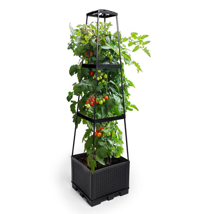GENMOUS 3 Tiered Tomato Planter with Trellis for Small Climbing Vegetables Growing Plants, 45” Raised Garden Bed Planter Box Tomato Cage Tomato Planters for Patio Indoor Outdoor Vegetables （1 Pack）