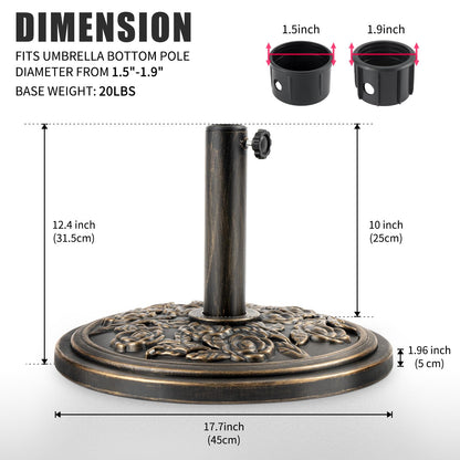 Backyard Expressions 20 lb Patio Umbrella Base Stand, Decorative Rose Medallion Antique Bronze Finish, Fits 1.5–1.9 in Poles w/Adapters, 18 in Round Weighted Outdoor Umbrella Holder for Deck & Table